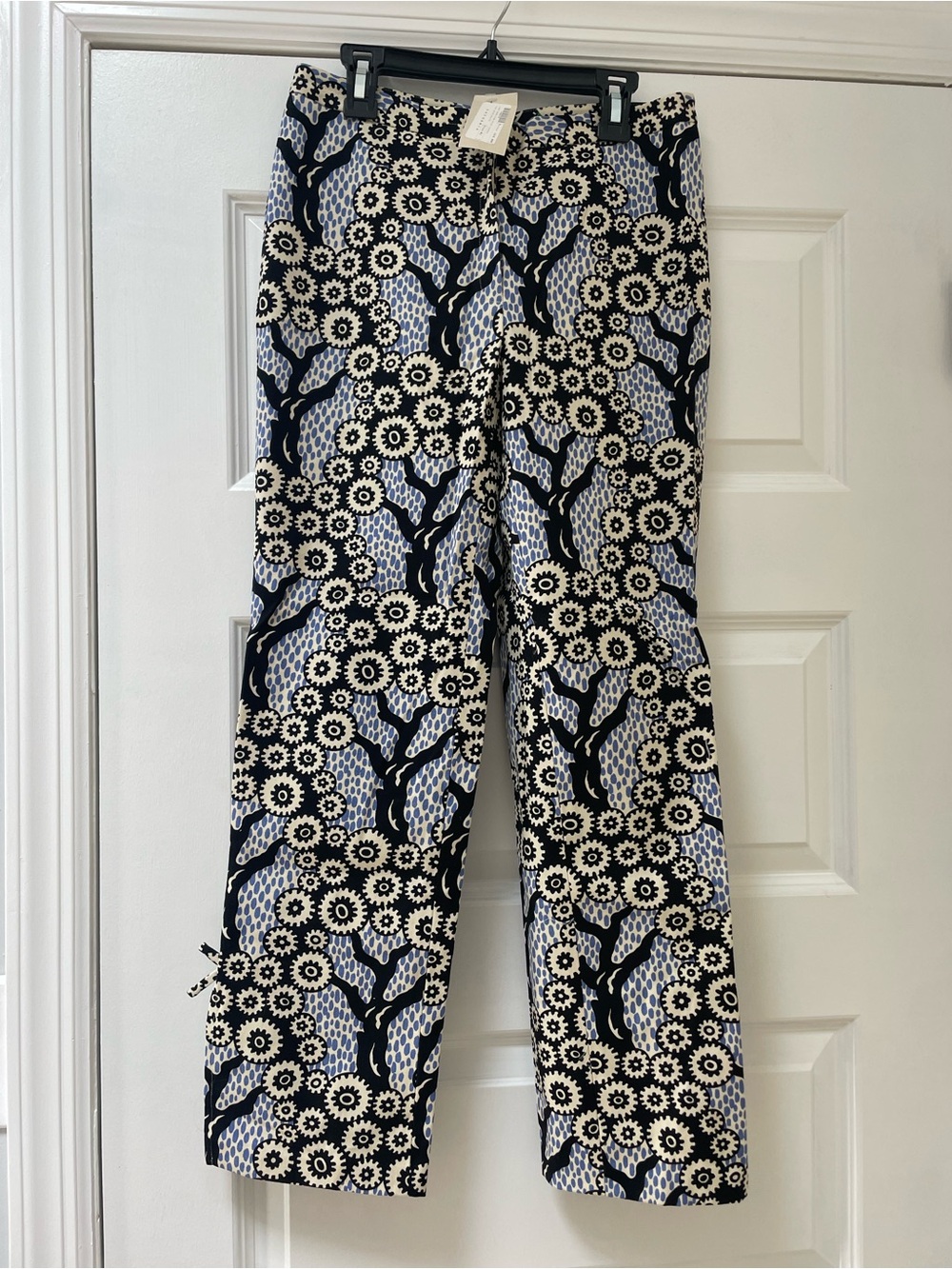 Tibi Floral Geometric Cotton Front Zip Ankle Pants Sz 2 Ankle Slit w Bow NEW